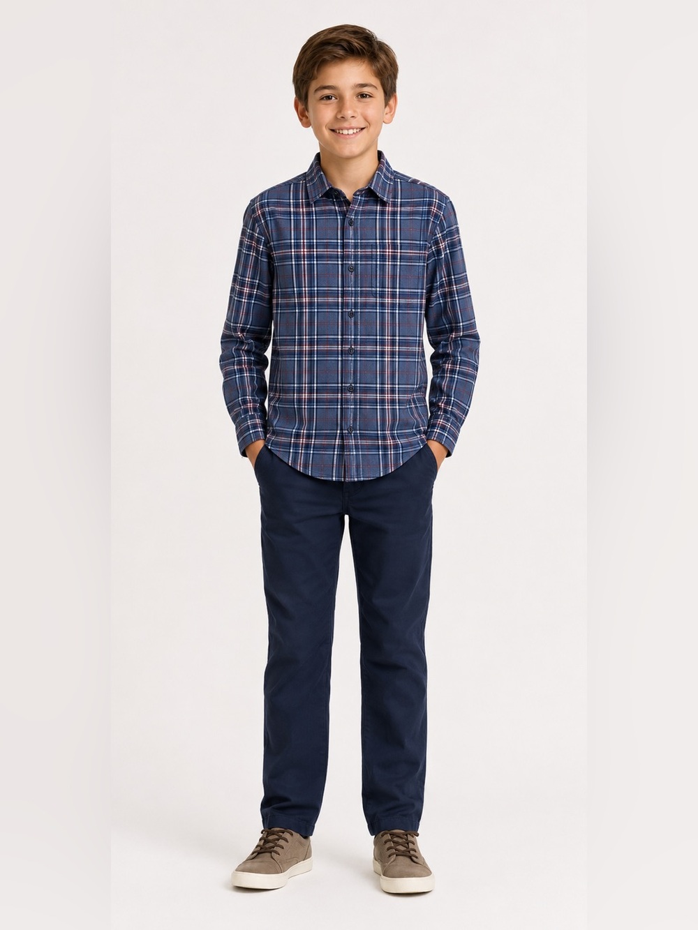 PLACE BOYS BLUE PLAID LONG SLEEVE BUTTON DOWN DRESS SHIRT SIZE LARGE 10/12